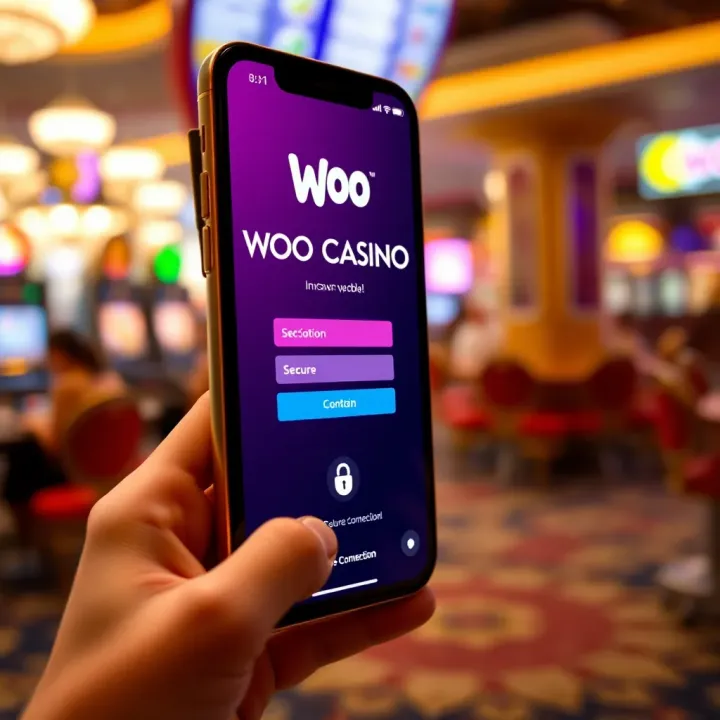 Mobile device displaying Woo Casino login screen with secure connection indicators