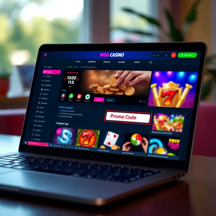 Illustration of a laptop screen showing an online casino dashboard with a highlighted promo code input field