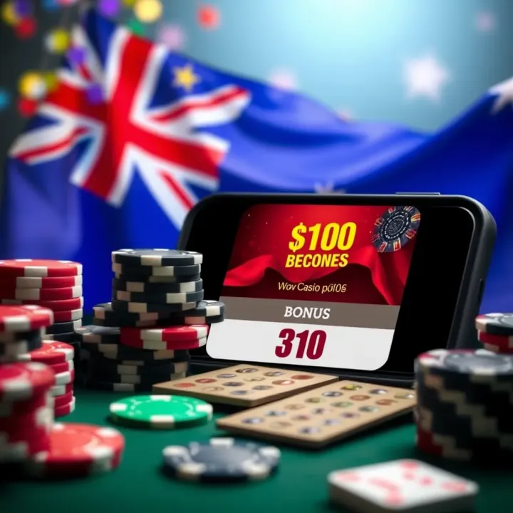Illustration of an Australian flag alongside casino chips and a mobile device displaying a bonus offer