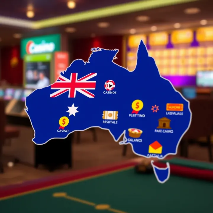 Illustration of Australian map with casino icons indicating local regulatory compliance and safe gaming practices