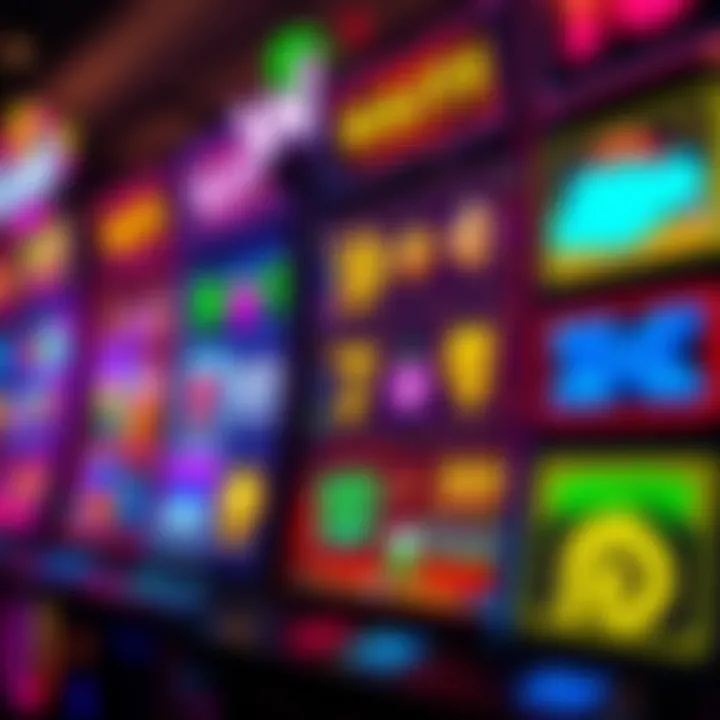 Colorful virtual slot machine screen displaying various game icons and payout symbols