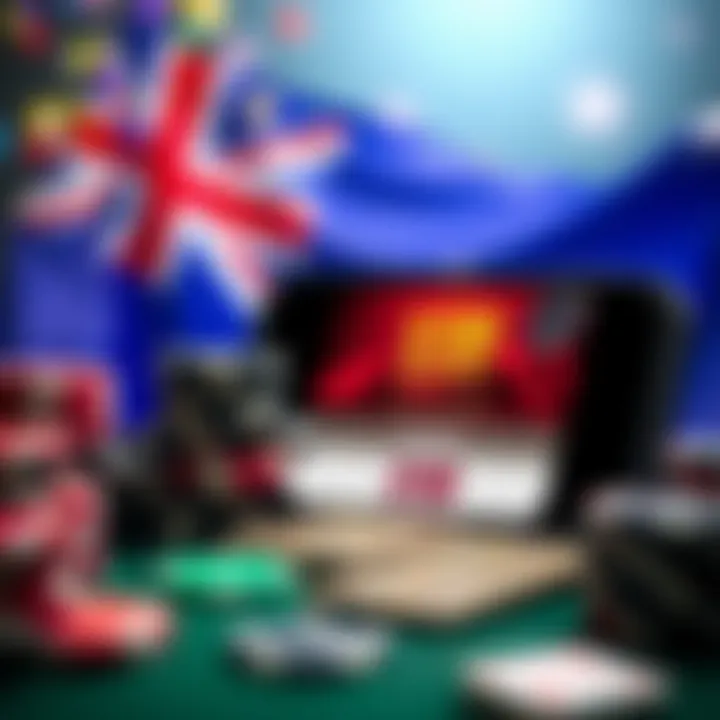 Illustration of an Australian flag alongside casino chips and a mobile device displaying a bonus offer