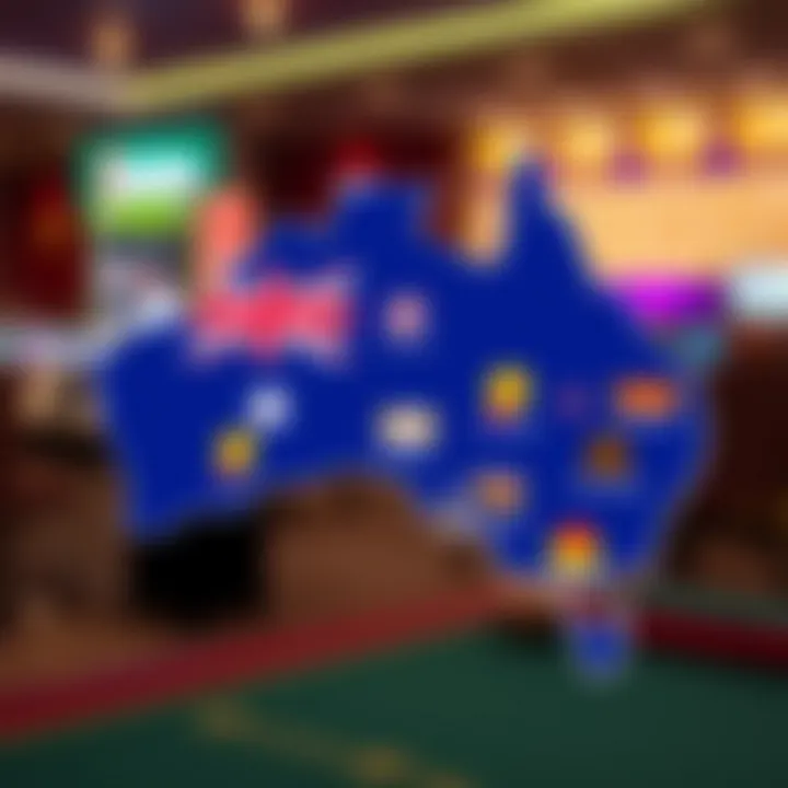 Illustration of Australian map with casino icons indicating local regulatory compliance and safe gaming practices