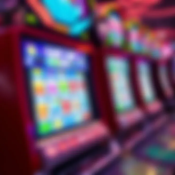 Colorful online pokies game interface with spinning reels and various symbols on screen