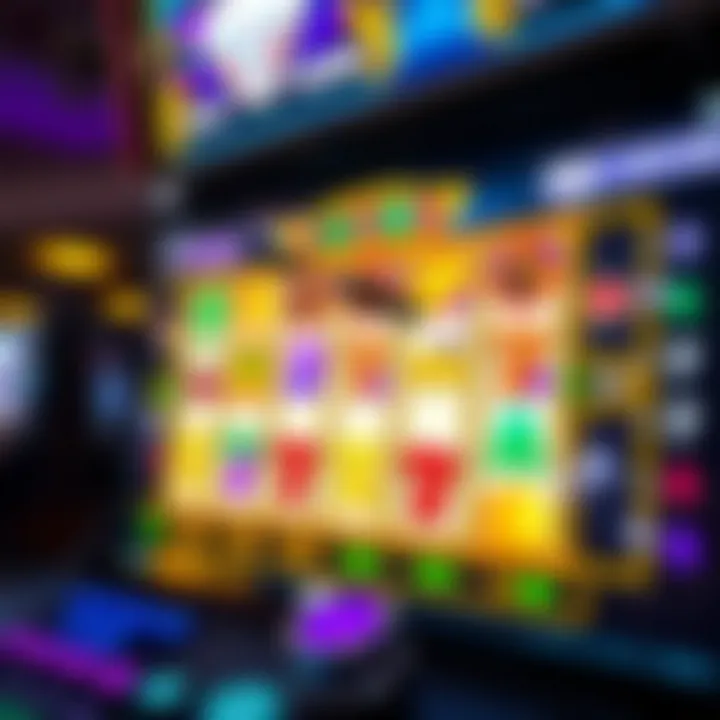 Colorful online pokies game interface with various symbols and reels spinning on a digital screen