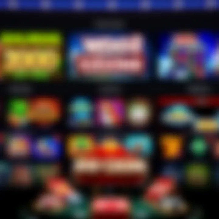 Display of various online casino games available including slots and table games