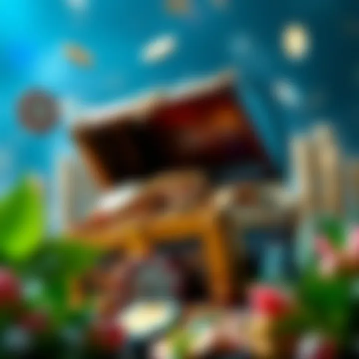 Graphic showing a treasure chest overflowing with coins and casino chips symbolizing bonus rewards