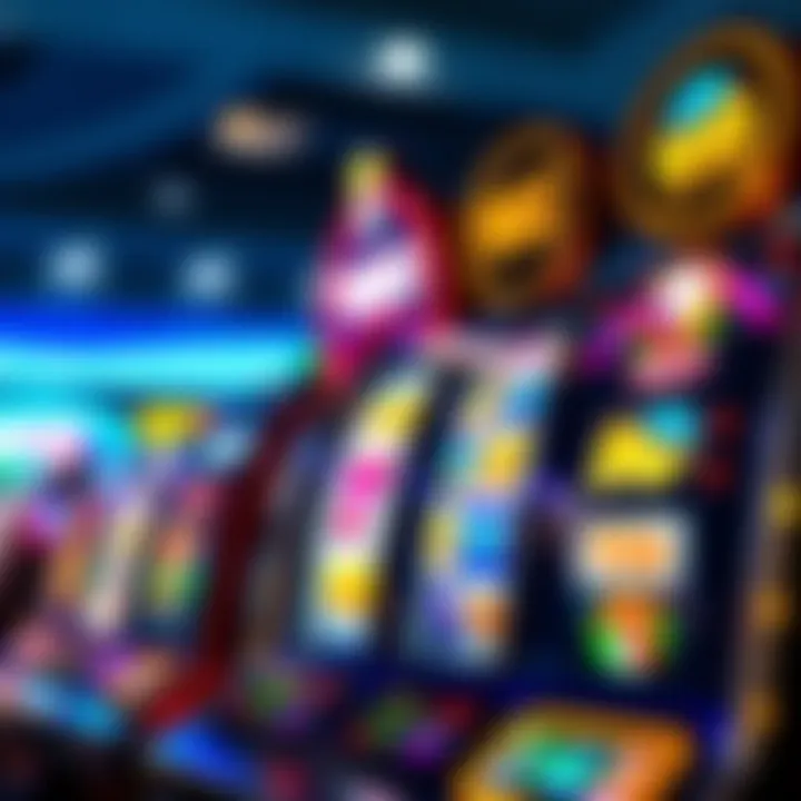 Colorful slot machine reels spinning with various symbols and icons