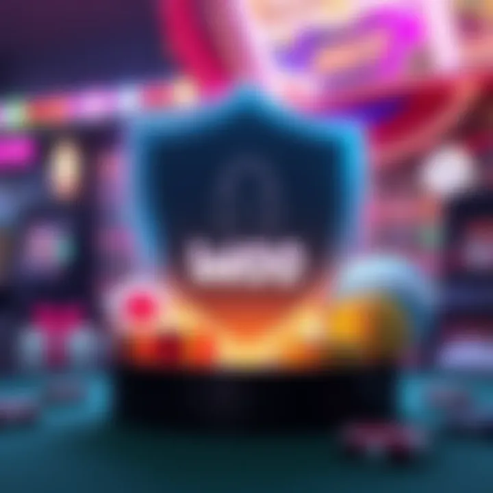 Illustration of a shield symbolizing online security alongside gaming icons representing safe access to casino features