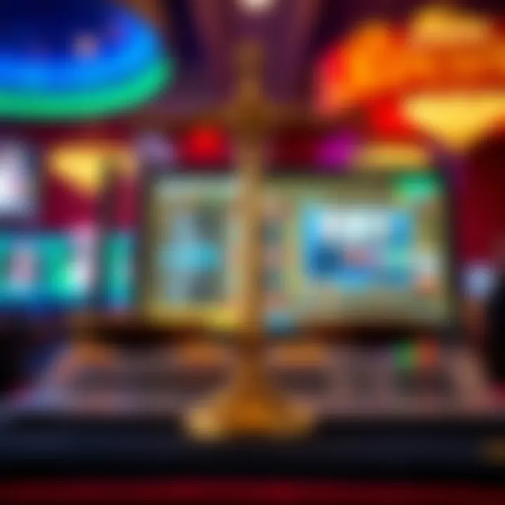 Illustration showing legal scales balancing a computer screen with a poker game