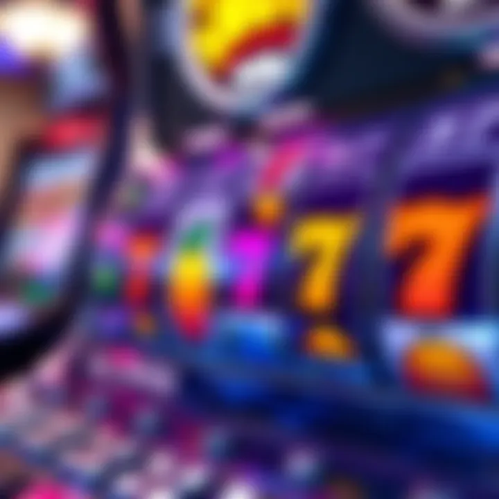 Colorful virtual slot machine reels displaying symbols like fruits and lucky sevens