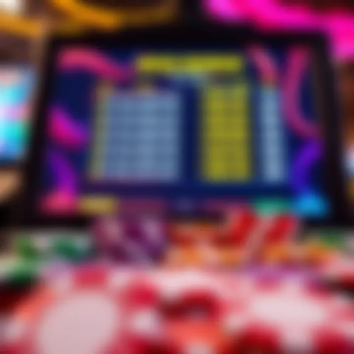 Colorful casino chips and digital screen displaying bonus codes