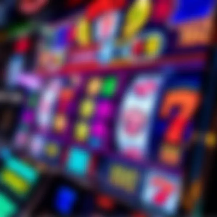 Digital slot machine interface displaying vibrant reels with various symbols