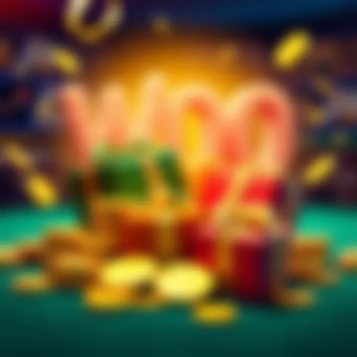 Illustration showing various casino bonuses and rewards icons like coins and gift boxes with a gaming background