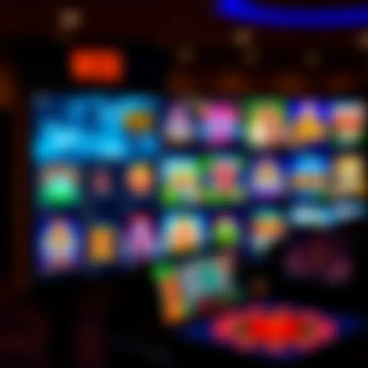 Selection of casino games including slots and table games on a digital screen