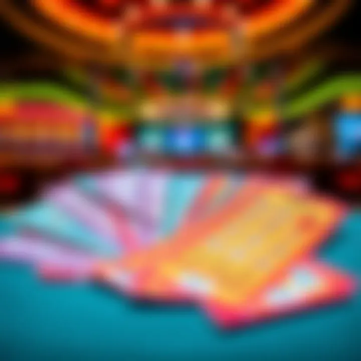Colorful lottery tickets spread on a table with a casino background