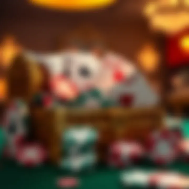 Visual Representation of Bonus Rewards with Woo Casino Promo Codes Illustration of a treasure chest overflowing with bright casino chips and cards symbolizing bonus rewards at Woo Casino