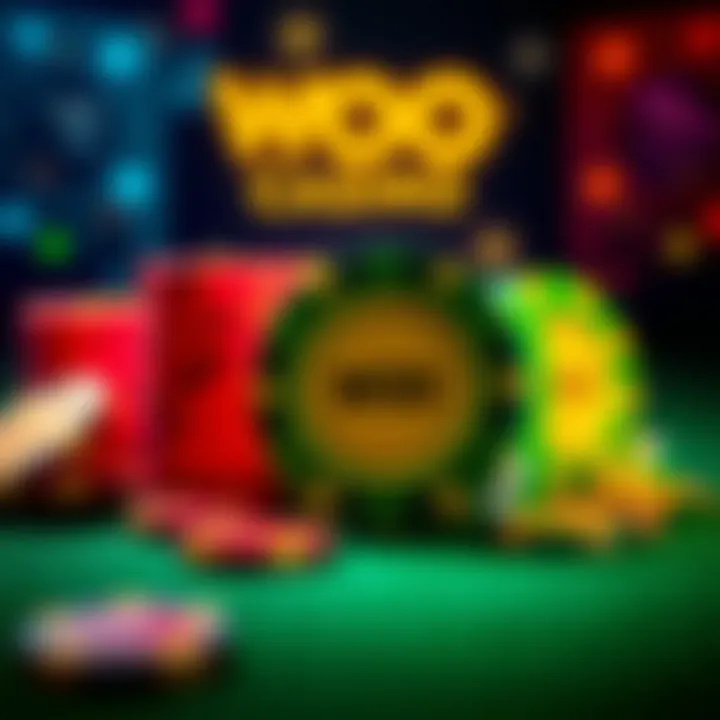Colorful casino chips and glowing bonus tokens representing various Woo Casino promotions