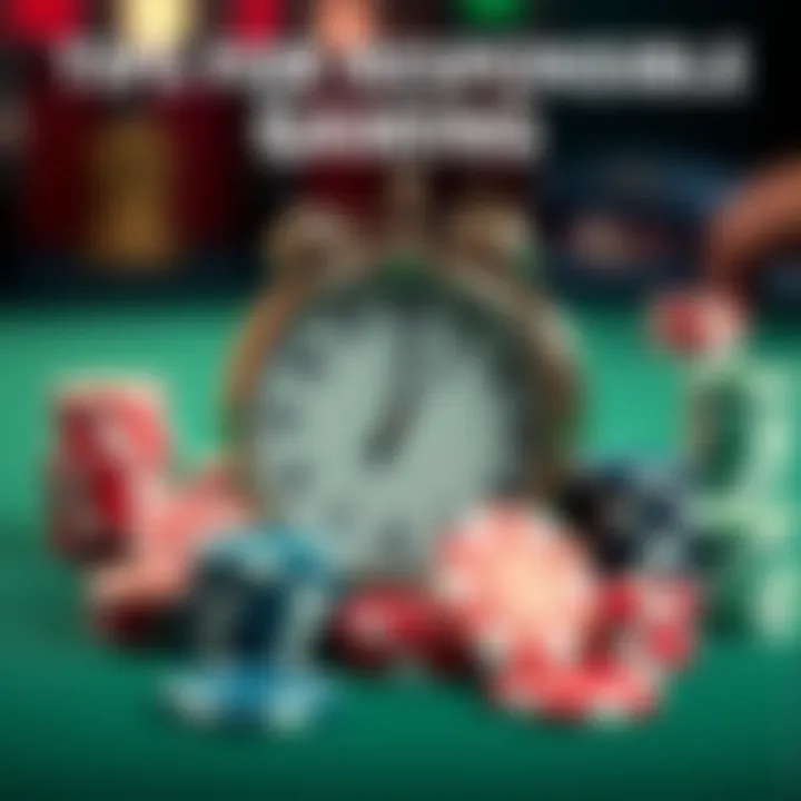Graphic depicting responsible online gaming with casino chips and a clock symbolizing time management