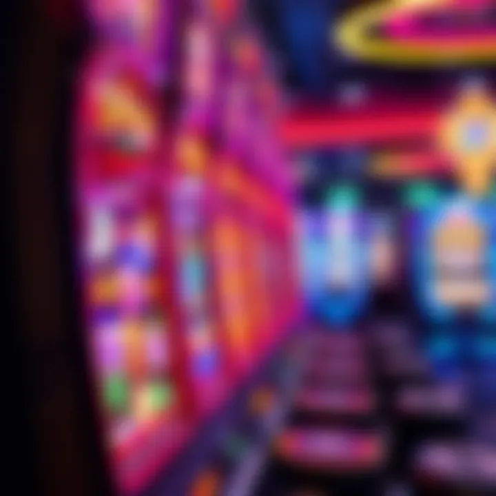 Colorful slot machine reels showing various symbols and casino lights