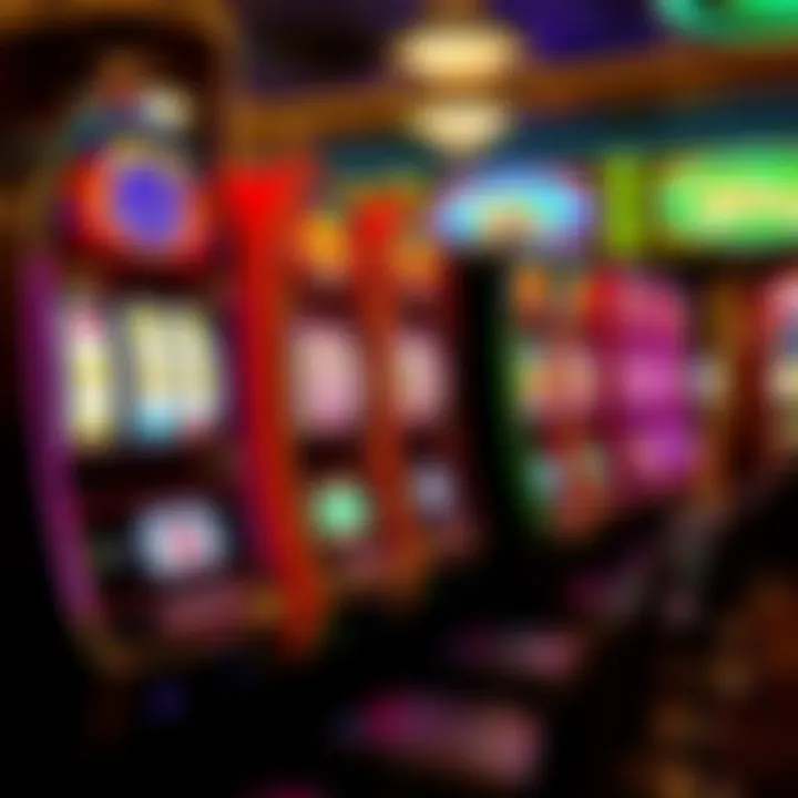 Colorful slot machine reels with symbols such as fruits, bells, and sevens in a casino setting