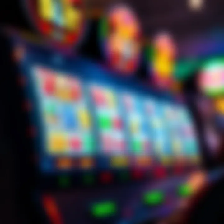 Colorful digital slot machine reels with vibrant symbols and flashing lights