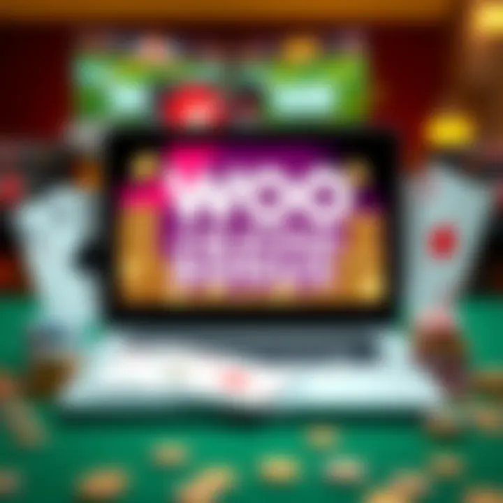 Illustration showing a casino bonus offer with coins and playing cards around a laptop screen