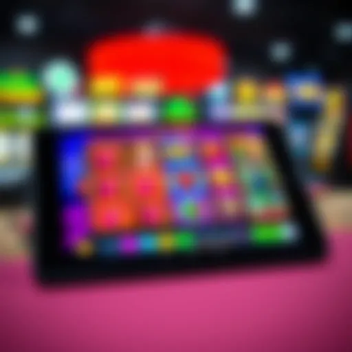 Colorful casino game interface showcasing slots and table games on a digital device