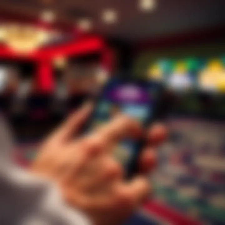 User interacting with WooCasino mobile app on a smartphone displaying game selection and navigation options