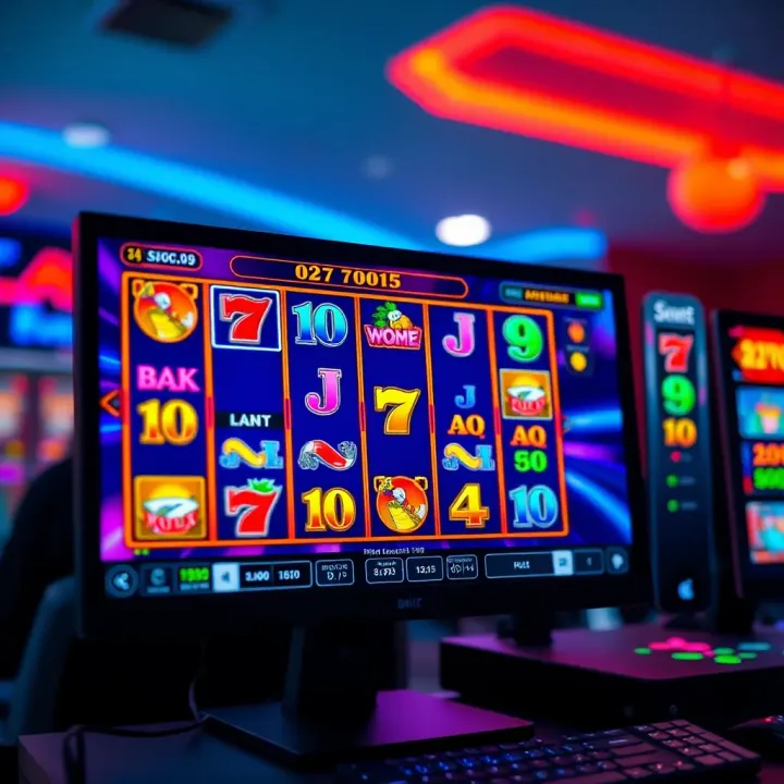 Colorful online pokies interface displayed on a computer screen with vibrant reels and symbols