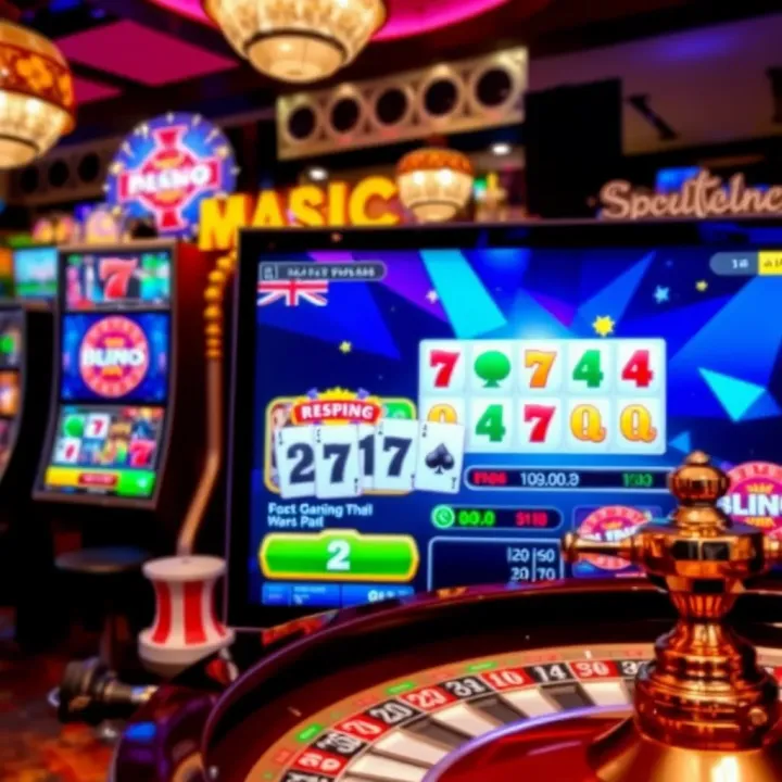 Colorful online casino games including slots, poker, and roulette on a digital screen
