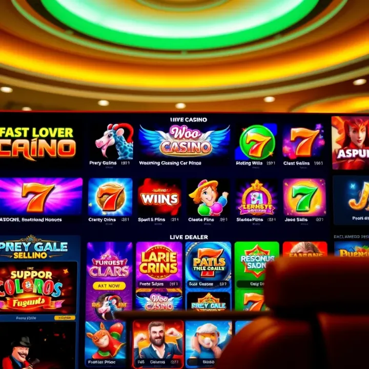 Woo Casino Online Interface Showcasing Diverse Game Selection Colorful online casino interface displaying a variety of slot games and live dealer options