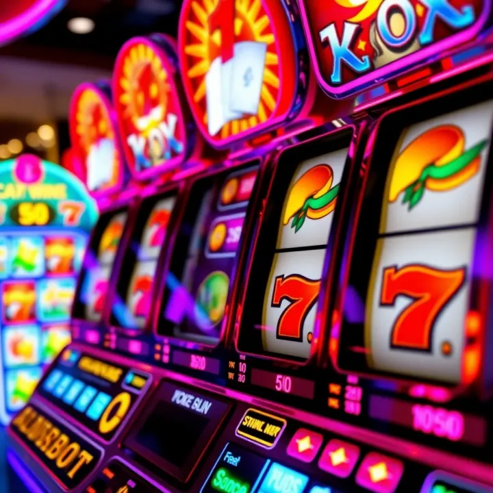 Colorful online pokies game interface showing reels with various symbols and bright lights