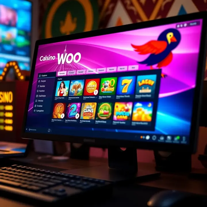 Desktop computer displaying Woo Casino homepage with vibrant game icons and navigation menu