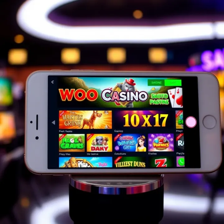 Mobile device displaying Woo Casino's diverse game selection with vibrant graphics