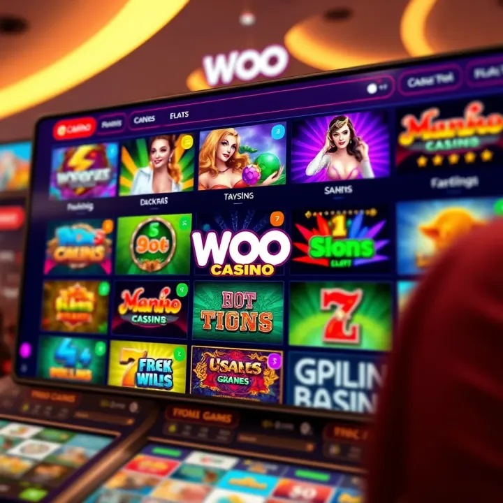 Colorful digital casino interface showing various online slot games and table games