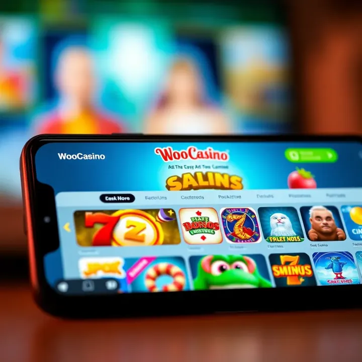 Smartphone displaying WooCasino homepage with vibrant game icons