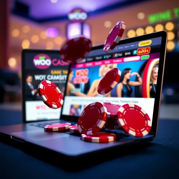 Unlock No Deposit Free Chips at Woo Casino Australia A representation of casino chips floating over a laptop displaying the Woo Casino website
