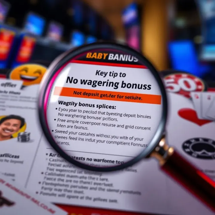 Key Tips to Spot Authentic No Wagering Bonus Offers Graphic showing magnifying glass over a bonus offer highlighting key points to identify genuine no wagering promotions