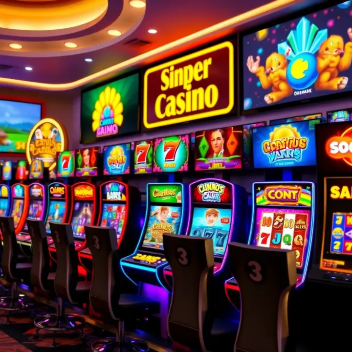 Colorful online casino game interface with various slot machines and card games