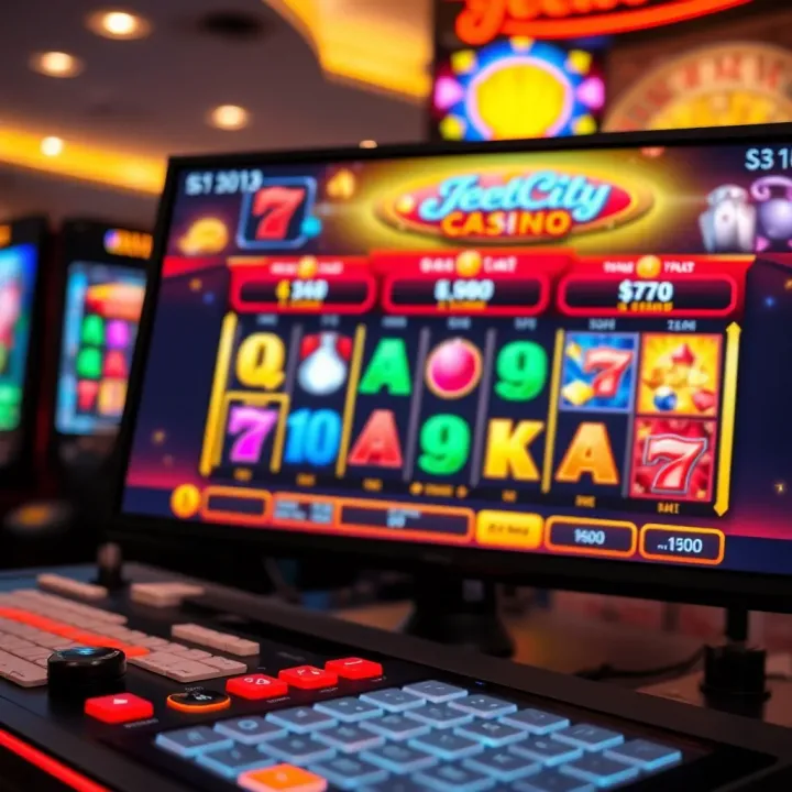 JeetCity Casino Australia: Diverse Game Selection Overview Colorful online casino slot games interface on a digital screen with bright symbols and controls