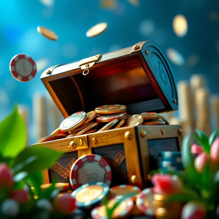 Graphic showing a treasure chest overflowing with coins and casino chips symbolizing bonus rewards