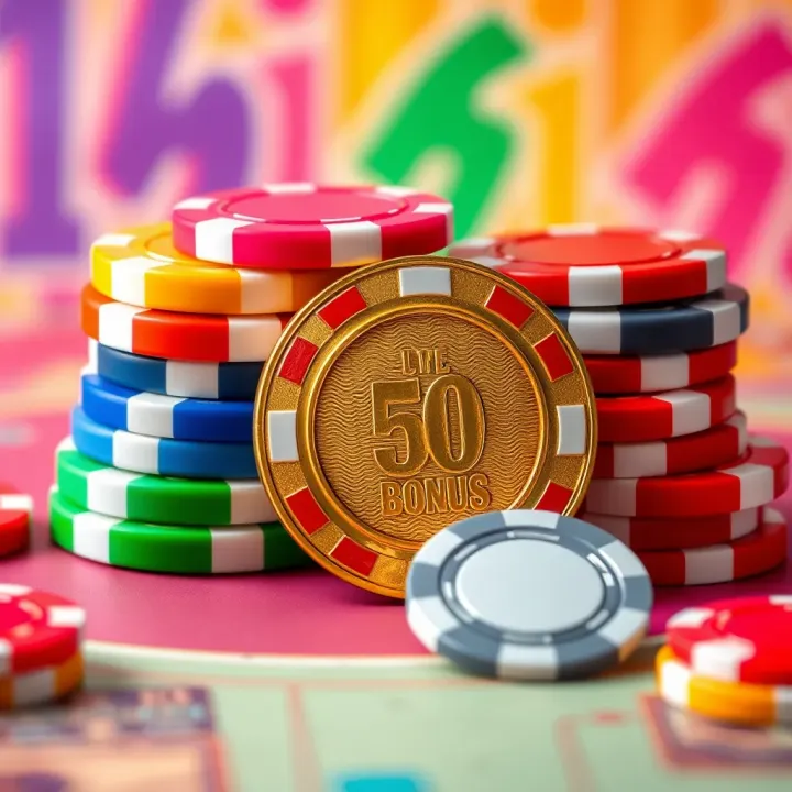 Casino Chips and Bonus Token Representing Woocasino Bonuses Colorful casino chips and a golden casino token with a bonus symbol on a vibrant background