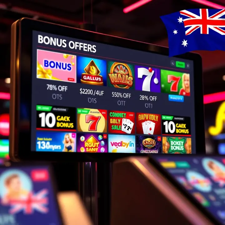 Digital screen showing various casino bonus offers with an Australian flag in the corner