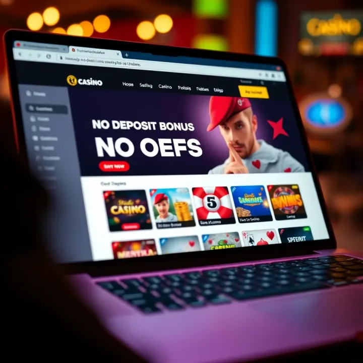 A laptop screen showing an online casino homepage with a highlighted no deposit bonus offer