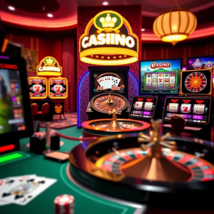 Collection of popular online casino games with digital interface showing cards, roulette, and slot reels