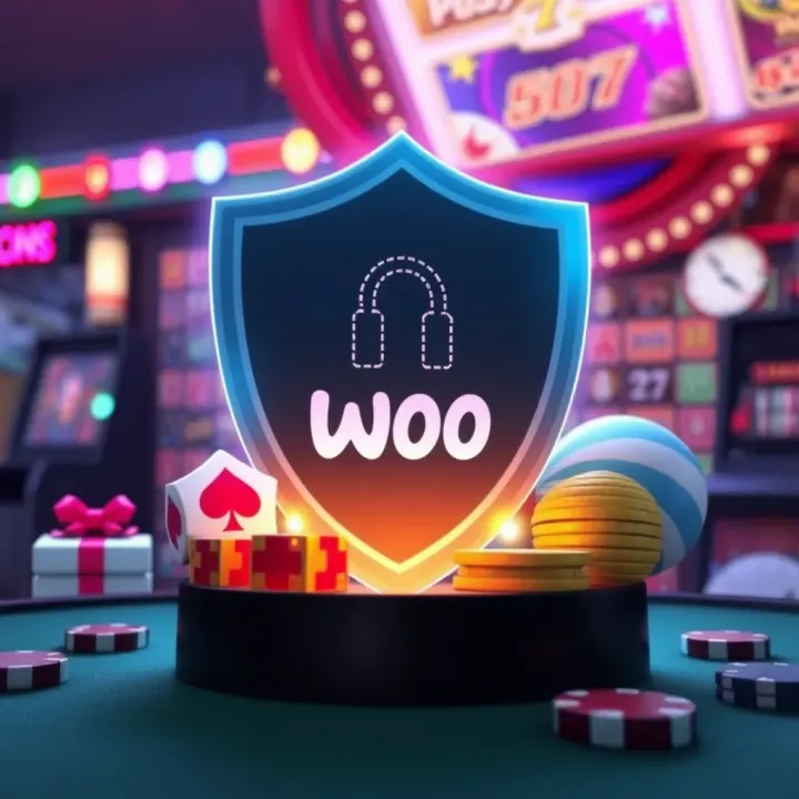 Ensuring Safe Access to Woo Casino Features Illustration of a shield symbolizing online security alongside gaming icons representing safe access to casino features