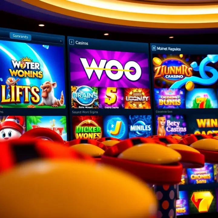 Diverse Game Selection at The Woo Casino A vibrant online casino interface showcasing a variety of slot and table games with dynamic graphics