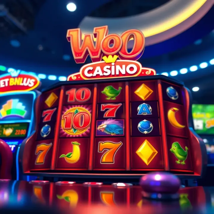 Colorful slot game interface showing reels with various symbols and bonus features on Woo Casino platform