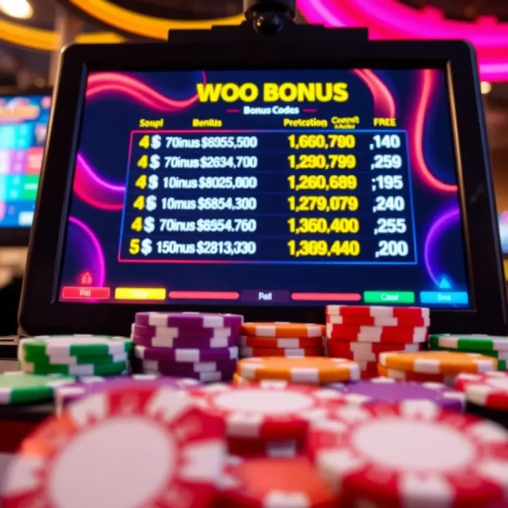 Exploring Bonus Codes and Offers at Woo Casino Colorful casino chips and digital screen displaying bonus codes